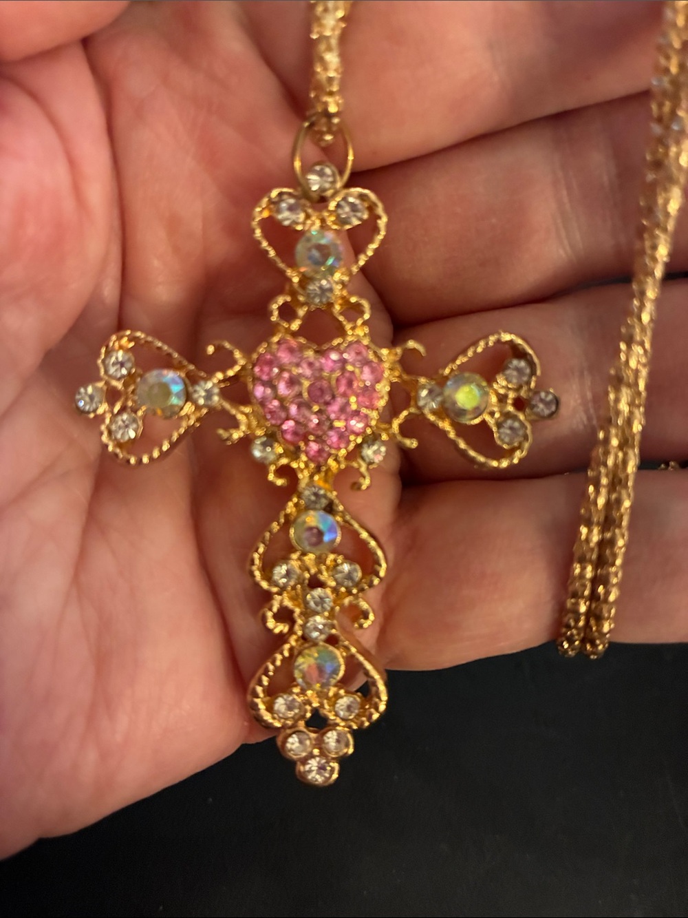 Gold Cross Necklace with Pink Heart Crystal Pendant NWOT